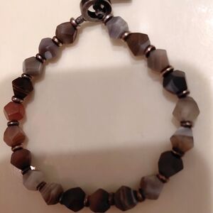 M.Cohen Men's Faceted Agate Bead Bracelet in Brown and Gray - Copper Accents 8"